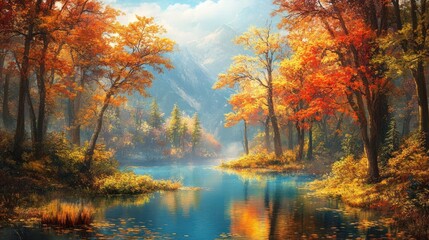 Autumn river landscape vibrant foliage and serene reflections