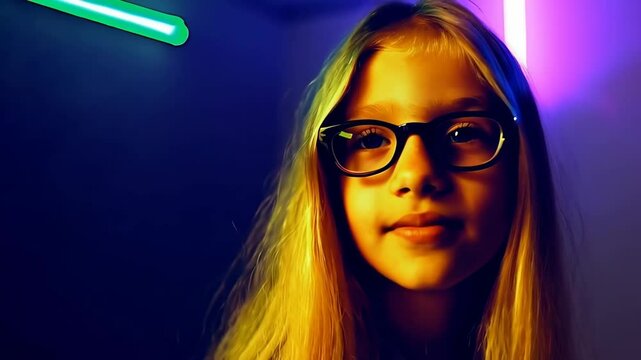 Girl with blonde hair wearing glasses in front of a fog machine with a glowing green bar on a vibrant purple background