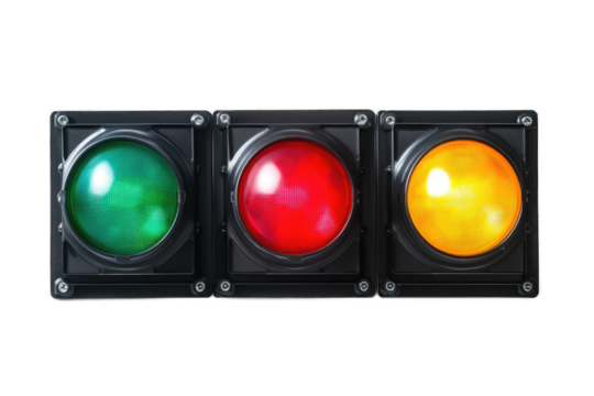 A classic traffic signal with green, red, and amber lights