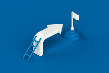White arrow with ladder aiming at goal flag on podium, symbolizing business growth, success, achievement, and strategic planning in minimal blue background, 3d rendering