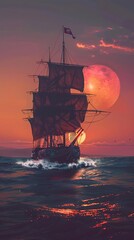 A majestic pirate ship, with intricate rigging and billowing sails, cuts through the ocean waves under a red sunset sky.