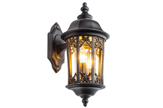 Elegant black wall-mounted lantern with ornate detailing and warm light
