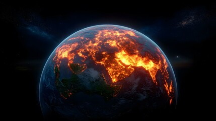 The image shows a digital rendering of planet Earth from space, with the continents of Asia, Europe, and parts of Africa illuminated in fiery orange and red hues, suggesting intense heat or energy, s