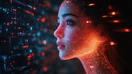Digital Transformation: Woman's Face Illuminated by Futuristic Data Stream