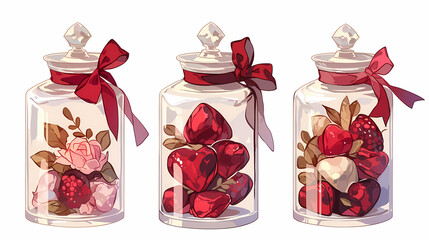 Three glass jars, tied with red ribbons, contain various treats: heart-shaped candies, roses, and berries. A delightful Valentine's Day display!