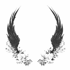 Elegant black wings with delicate floral accents create a striking, symmetrical design against a white background. Perfect for invitations, tattoos, or artistic projects.