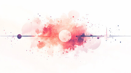 Abstract watercolor painting in shades of pink, red, and purple, featuring a central white circle and thin, dark lines.