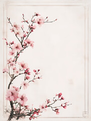 Delicate pink blossoms branch out on a watercolor-style background, creating an elegant and serene image.