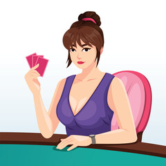 Flat Illustration of a Beautiful Girl Holding Poker Cards