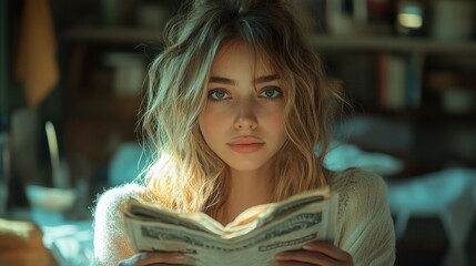 Young Woman Reading a Book, Blonde Hair, Serene Expression