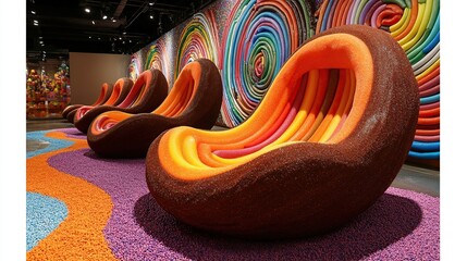 Colorful, sculpted seating arrangement in a museum