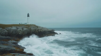Obraz premium Rocky Coastline with a Tall Lighthouse Standing Against Turbulent Waves Under a Cloudy Sky