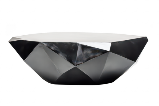 Faceted black geometric metal coffee table with modern polygonal design for contemporary interiors isolated on a transparent background..