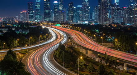 Obraz premium Cityscape at Night: Highway Light Trails & Urban Glow | Nightlife, Travel, Traffic, Metropolis, Long Exposure