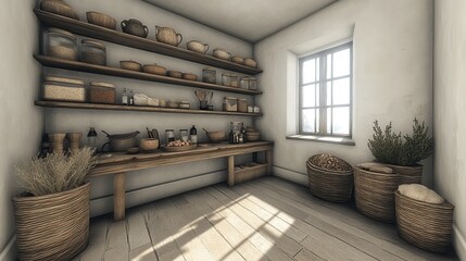 Rustic pantry with wooden shelves, rustic baskets, and storage containers