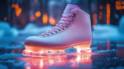 Illuminated Ice Skates on Frozen Pond at Night Winter Sport