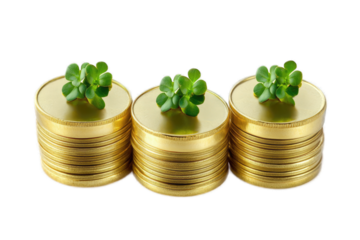 Three stacks of gold coins, each topped with a small succulent plant, symbolizing growth and wealth