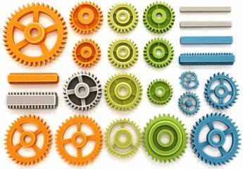 Vibrant 3D render of interlocking colorful gears in orange, blue, green and grey, mechanical teamwork concept on clean white background