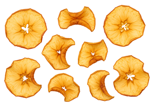 Dried apple slices arranged against a black background offering a healthy snack option