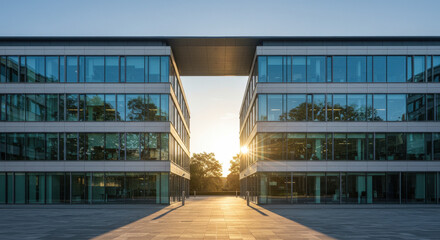 Modern Architecture: Twin Buildings Connected by Skybridge at Sunset | Contemporary Design, Glass Facade, Urban Landscape