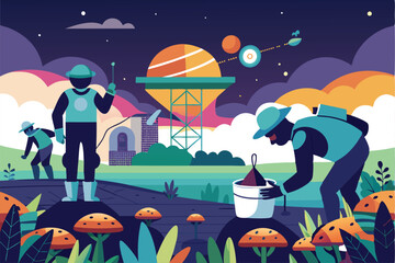 Astronauts' Silhouette Constructing an Orbital Farm amidst Celestial Canvas