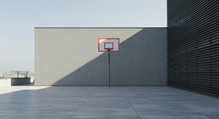 Minimalist Basketball Court: Urban Architecture, Concrete, and Solitude. A Modern Empty Playground with a Hoop & Shadow Play.