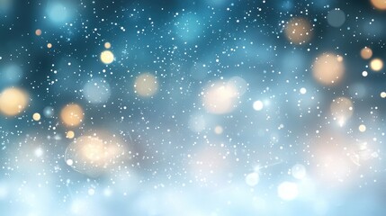 Abstract Winter Background with Blue and Gold Bokeh Lights and Falling Snow