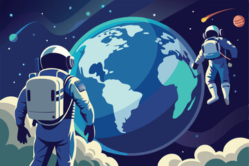 Astronauts Embark on an Intriguing Spacewalk, their Silhouettes Illuminated Against the Cosmic Canvas