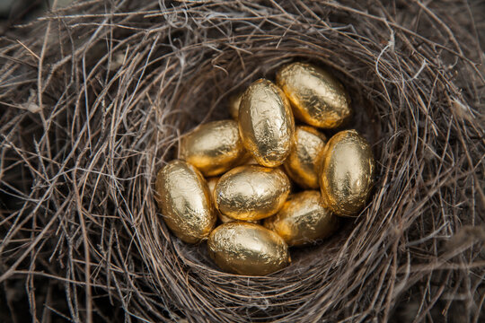 Gold foil wrapped Easter eggs in bird nest - Powered by Adobe