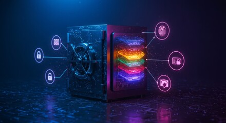 Fototapeta premium Abstract Digital Security System with Glowing Neon Cube and Data Icons