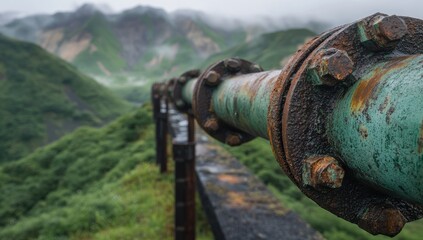 Rusty pipeline with mountain backdrop.