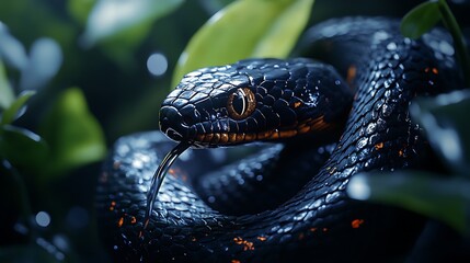 Black snake in lush foliage close up