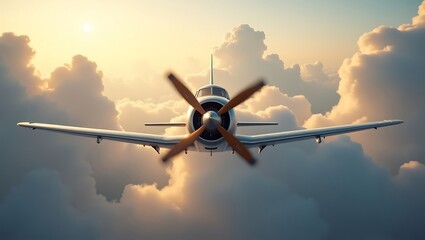 Classic propeller airplane soaring through dramatic cloudscape during a beautiful golden sunset