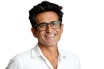 Portrait of a handsome, smiling businessman wearing glasses, isolated on white or transparent background