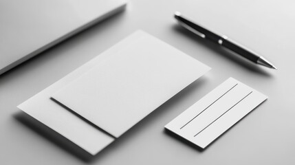 Blank stationery mockup envelope card pen on gray surface