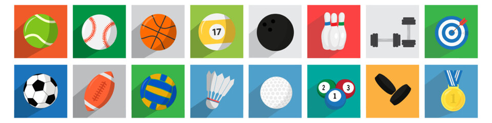 Balls icon set for various sports games, realistic vector illustration set. Exercising inventory for sportsmen flat objects on multicolored background.