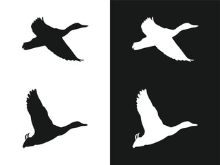 Collection of flying duck silhouette, black and white vector design