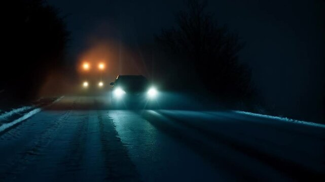 Vehicles on a dark, foggy road at night with headlights illuminating.