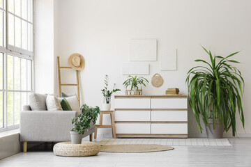 Interior of light living room with grey sofa, commode and plants