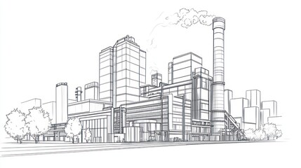 Industrial complex architectural sketch; city landscape drawing