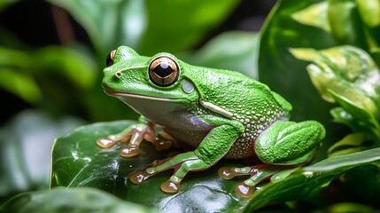 Obraz premium Green tree frog on leaf