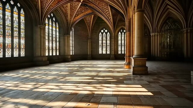 Historical architecture with stained glass windows and sunbeams creating atmosphere