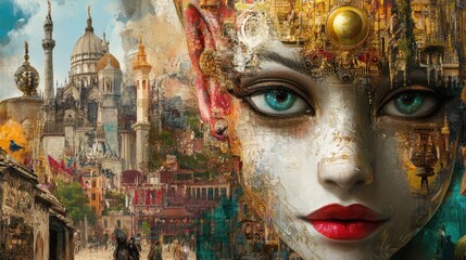 Surreal woman face cityscape blend architectural details artistic portrait painting digital art mixed media collage design