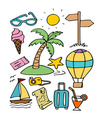 Set of trip and travel doodles with cute hand-drawn style isolated on white background
