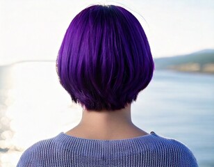 紫色のショートカットの女性の後ろ姿