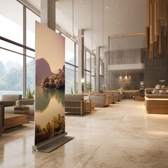 Hotel lobby standee mockup for promoting local events, attractions, and special deals to guests.