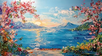 Obraz premium Sunrise Lake with Cherry Blossoms, and Mountains.