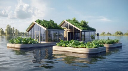 Obraz premium Floating eco-homes on a tranquil lake. Two connected homes on separate platforms, featuring green roofs and hydroponic gardens. Modern, glass-fronted architecture with natural light. 