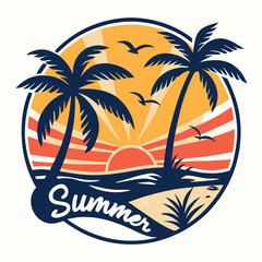 Summer beach scene with palm trees and sunset in a circular retro style design