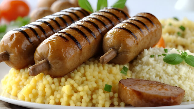 Steamed balls of semolina with cheese cubes and fried sausages 4K 2160p 30fps UltraHD tilting footage - BBQ meat and couscous served on plate close-up slow tilt 3840X2160 UHD video